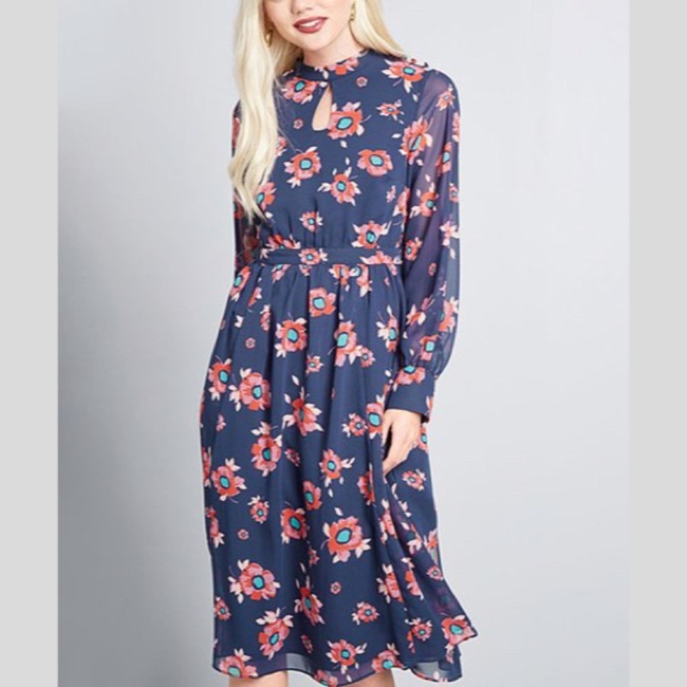Modcloth Navy Floral Midi Dress with Pink & Teal Blooms